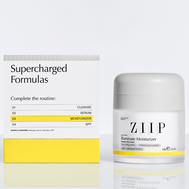 ZIIP Illuminate Exosome Moisturiser shown with packaging box